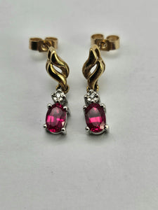 0779: Vintage: 9ct Gold Ruby Diamond Drop/Dangle Stud Earrings- pitch perfect