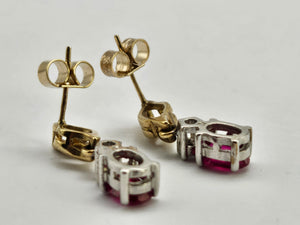 0779:Vintage: 9ct Mixed Gold Rubies Diamonds Drop/Dangle Earrings- very elegant