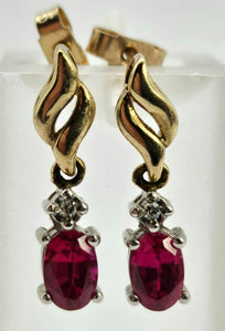 0779:Vintage: 9ct Mixed Gold Rubies Diamonds Drop/Dangle Earrings- very elegant