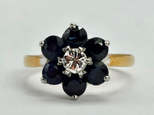 0582: Vintage: 18ct Gold: Blue Sapphire Diamond Floral Ring- super quality