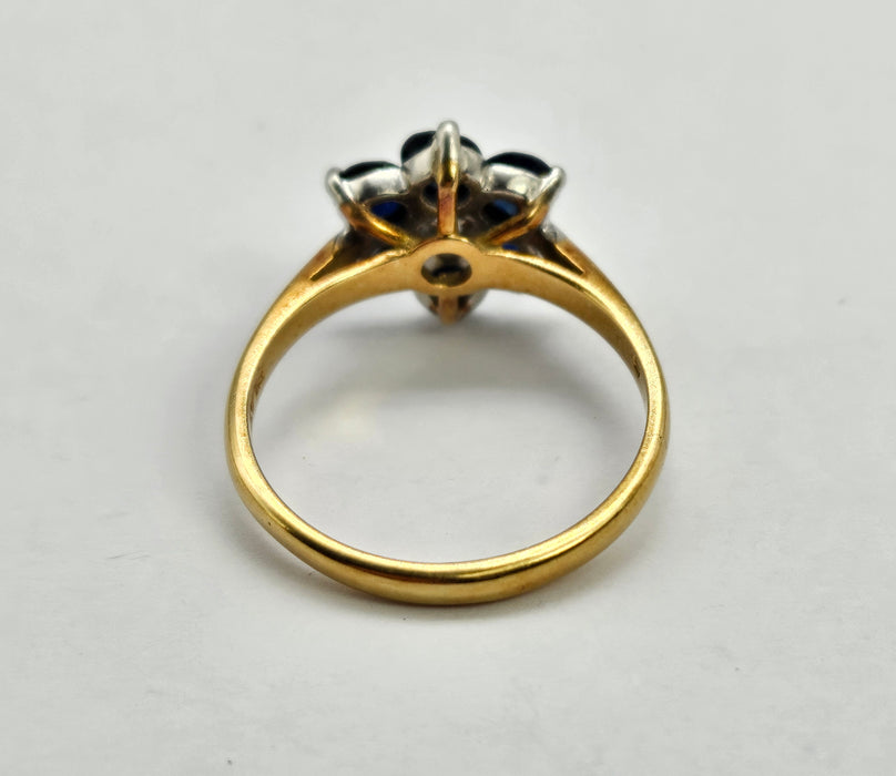 6313  Vintage: 18ct Gold: Blue Sapphire Diamond Floral Ring- super quality