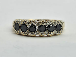 0711: Vintage: 9ct Gold Black White Diamonds "Salt &amp; Pepper"&nbsp; Stacker Ring- exquisite