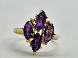 0798: Vintage: 14ct Gold Marquise- Cut Purple Amethysts Ring- Geometric Set&nbsp;