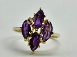 0798: Vintage: 14ct Gold Marquise- Cut Purple Amethysts Ring- Geometric Set&nbsp;