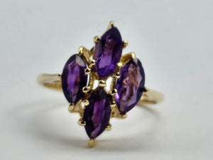 0798: Vintage: 14ct Gold Marquise- Cut Purple Amethysts Ring- Geometric Set&nbsp;