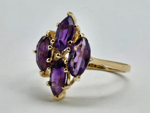 0798: Vintage: 14ct Gold Marquise- Cut Purple Amethysts Ring- Geometric Set&nbsp;