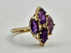 0798: Vintage: 14ct Gold Marquise- Cut Purple Amethysts Ring- Geometric Set&nbsp;