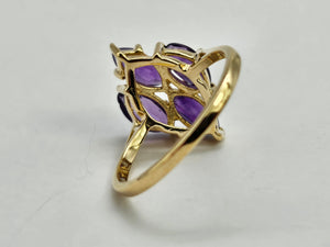 0798: Vintage: 14ct Gold Marquise- Cut Purple Amethysts Ring- Geometric Set&nbsp;