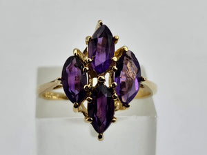 0798: Vintage: 14ct Gold Marquise- Cut Purple Amethysts Ring- Geometric Set&nbsp;