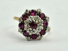 Cargar imagen en el visor de la galería, Vintage: 18ct Gold Rich Red Rubies Diamonds Floral Cluster Ring- Date-Mark 1975
