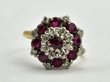 Cargar imagen en el visor de la galería, Vintage: 18ct Gold Rich Red Rubies Diamonds Floral Cluster Ring- Date-Mark 1975
