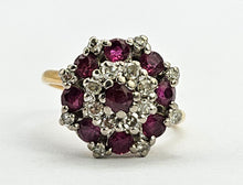 Cargar imagen en el visor de la galería, Vintage: 18ct Gold Rich Red Rubies Diamonds Floral Cluster Ring- Date-Mark 1975
