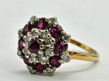 Cargar imagen en el visor de la galería, Vintage: 18ct Gold Rich Red Rubies Diamonds Floral Cluster Ring- Date-Mark 1975
