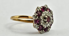 Cargar imagen en el visor de la galería, Vintage: 18ct Gold Rich Red Rubies Diamonds Floral Cluster Ring- Date-Mark 1975
