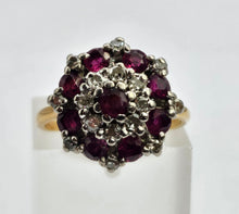 Cargar imagen en el visor de la galería, Vintage: 18ct Gold Rich Red Rubies Diamonds Floral Cluster Ring- Date-Mark 1975
