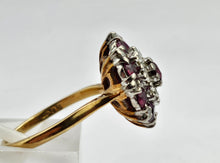 Cargar imagen en el visor de la galería, Vintage: 18ct Gold Rich Red Rubies Diamonds Floral Cluster Ring- Date-Mark 1975
