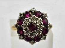 Cargar imagen en el visor de la galería, Vintage: 18ct Gold Rich Red Rubies Diamonds Floral Cluster Ring- Date-Mark 1975
