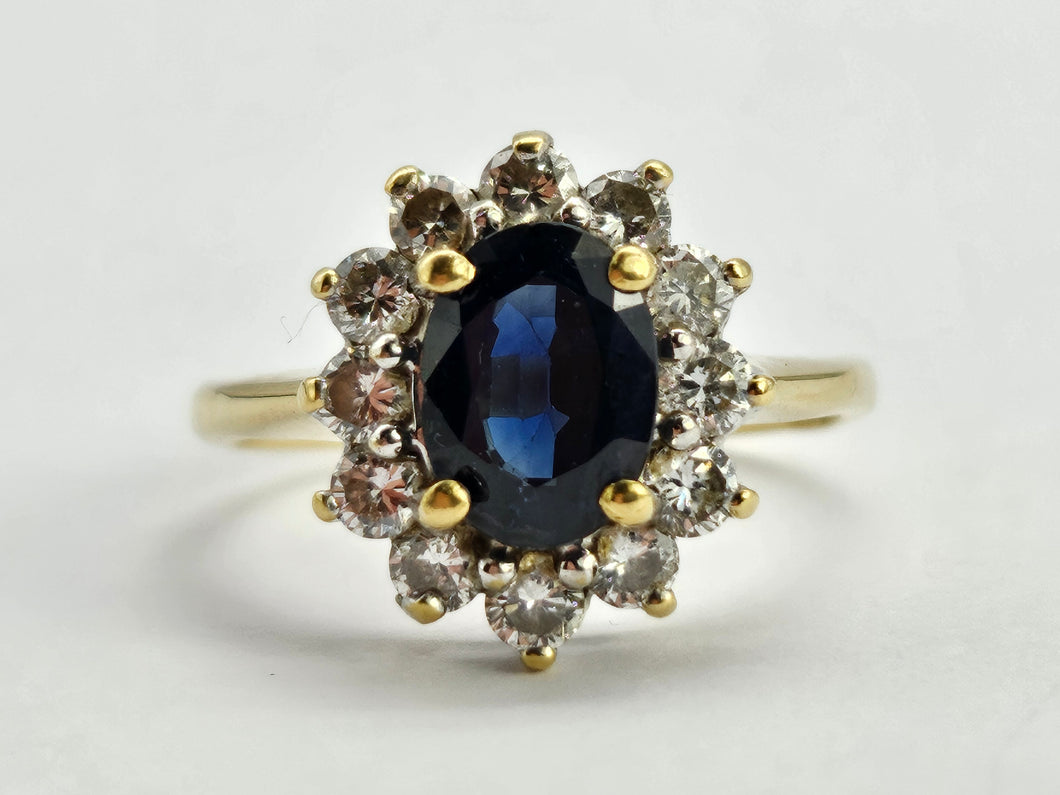 0752: Vintage: 18ct Gold French Blue Sapphire 12 Diamonds Diana Style Cluster Ring- Luscious