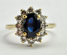 Load image into Gallery viewer, 0752: Vintage: 18ct Gold French Blue Sapphire 12 Diamonds Diana Style Cluster Ring- Luscious
