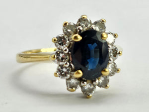 0752: Vintage: 18ct Gold French Blue Sapphire 12 Diamonds Diana Style Cluster Ring- Luscious