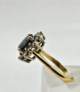 0752: Vintage: 18ct Gold French Blue Sapphire 12 Diamonds Diana Style Cluster Ring- Luscious