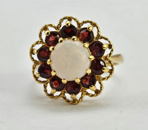 0761: Vintage (1960's): 9ct Gold White Opal Garnets Cluster Ring - beautifully paired.