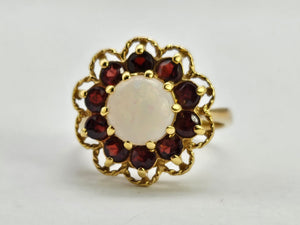 0761: Vintage (1960's): 9ct Gold White Opal Garnets Cluster Ring - beautifully paired.