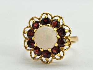 0761: Vintage (1960's): 9ct Gold White Opal Garnets Cluster Ring - beautifully paired.