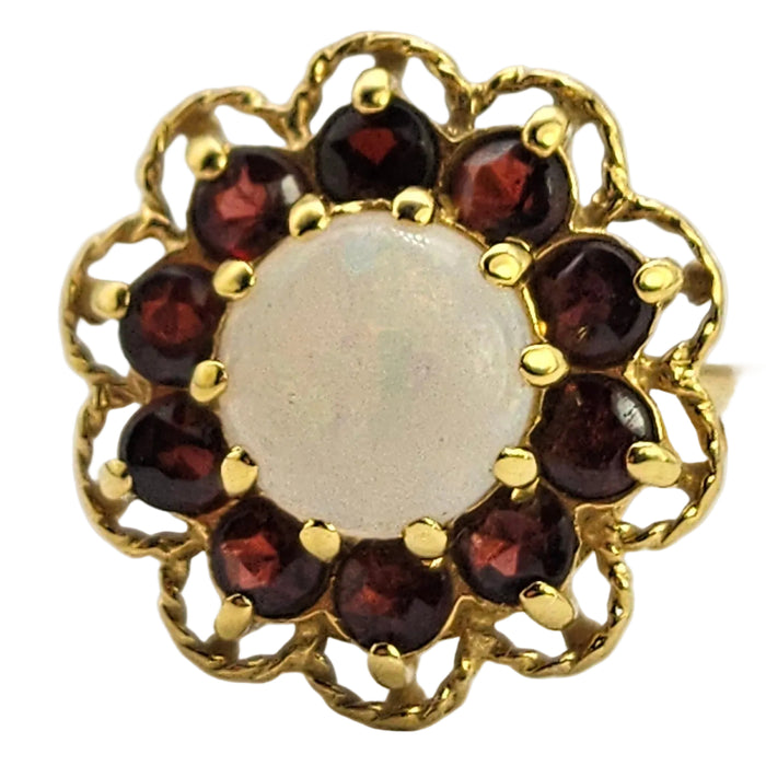 6189 Vintage (1960's): 9ct Gold White Opal Garnets Cluster Ring - beautifully paired. (Copy)