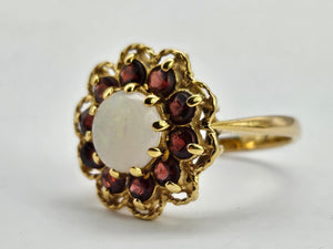 0761: Vintage (1960's): 9ct Gold White Opal Garnets Cluster Ring - beautifully paired.