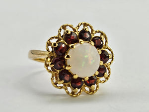 0761: Vintage (1960's): 9ct Gold White Opal Garnets Cluster Ring - beautifully paired.