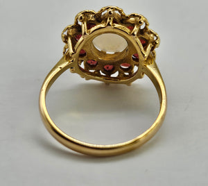 0761: Vintage (1960's): 9ct Gold White Opal Garnets Cluster Ring - beautifully paired.