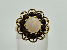 Load image into Gallery viewer, 0761: Vintage (1960&#39;s): 9ct Gold White Opal Garnets Cluster Ring - beautifully paired.
