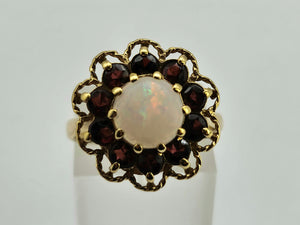 0761: Vintage (1960's): 9ct Gold White Opal Garnets Cluster Ring - beautifully paired.