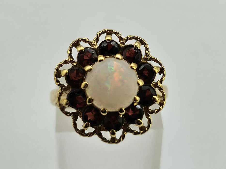 6189 Vintage (1960's): 9ct Gold White Opal Garnets Cluster Ring - beautifully paired. (Copy)