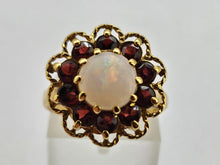 Load image into Gallery viewer, 0761: Vintage (1960&#39;s): 9ct Gold White Opal Garnets Cluster Ring - beautifully paired.
