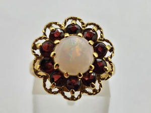 0761: Vintage (1960's): 9ct Gold White Opal Garnets Cluster Ring - beautifully paired.