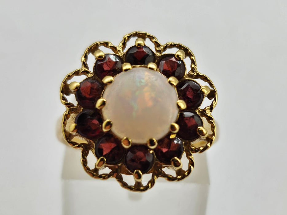 6189 Vintage (1960's): 9ct Gold White Opal Garnets Cluster Ring - beautifully paired. (Copy)