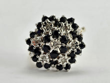 Load image into Gallery viewer, 0786: Vintage: 9ct Gold 30mBlue Sapphires 7 Diamonds Cluster Ring- statement piece
