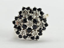 Load image into Gallery viewer, 0786: Vintage: 9ct Gold 30mBlue Sapphires 7 Diamonds Cluster Ring- statement piece
