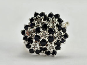 0786: Vintage: 9ct Gold 30mBlue Sapphires 7 Diamonds Cluster Ring- statement piece