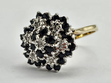 Load image into Gallery viewer, 0786: Vintage: 9ct Gold 30mBlue Sapphires 7 Diamonds Cluster Ring- statement piece
