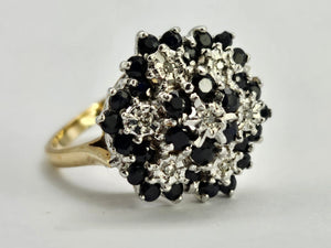 0786: Vintage: 9ct Gold 30mBlue Sapphires 7 Diamonds Cluster Ring- statement piece