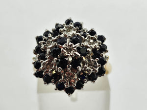 0786: Vintage: 9ct Gold 30mBlue Sapphires 7 Diamonds Cluster Ring- statement piece