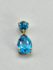 0889: Vintage: 9ct Gold Swiss Blue Topaz Double Drop Pendant- Lovely