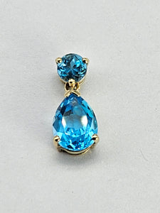 0889: Vintage: 9ct Gold Swiss Blue Topaz Double Drop Pendant- Lovely