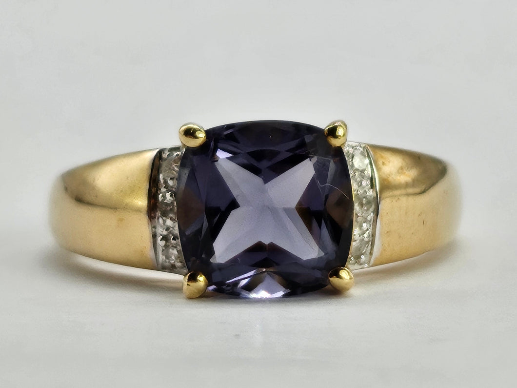 0898: Vintage: Rare: 9ct Gold Cushion Cut Purple Tourmaline Diamonds Cocktail Ring- lovely