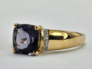 0898: Vintage: Rare: 9ct Gold Cushion Cut Purple Tourmaline Diamonds Cocktail Ring- lovely