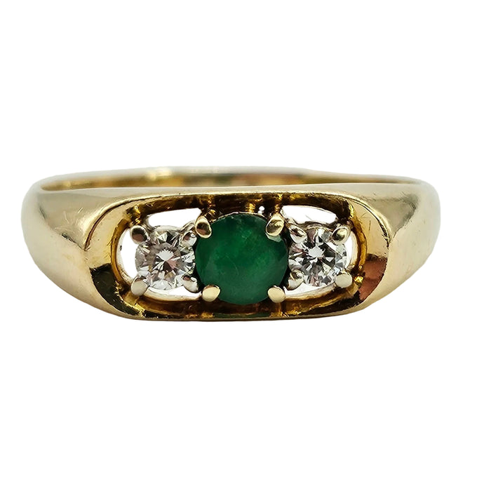 Vintage: 18ct Gold Art Deco Emerald & Diamond Three-Stone Dress Ring