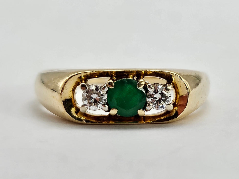 Vintage: 18ct Gold Art Deco Emerald & Diamond Three-Stone Dress Ring